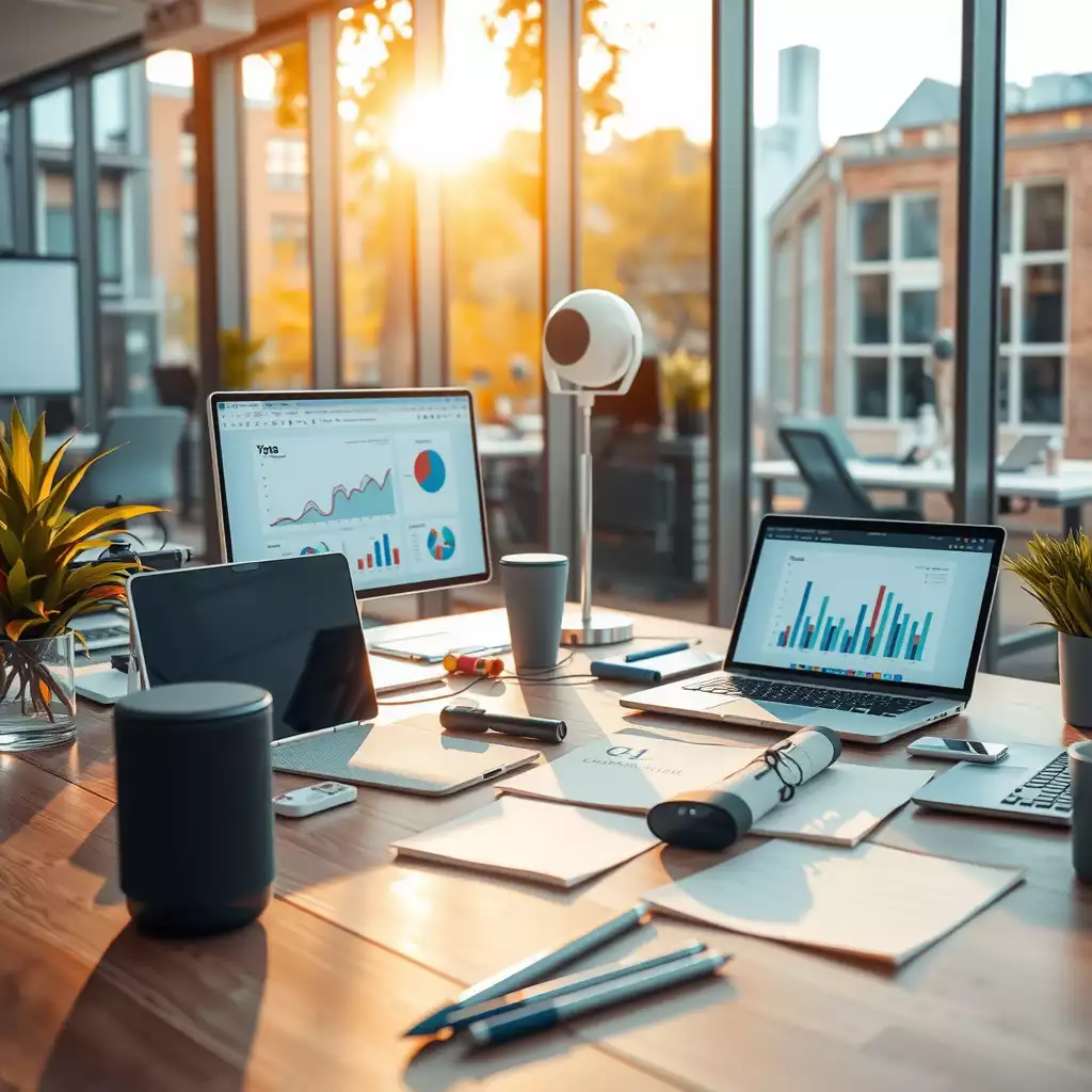 Modern office workspace showcasing cutting-edge technology, featuring smart speakers, laptops with analytics dashboards, and notes on SEO strategies.