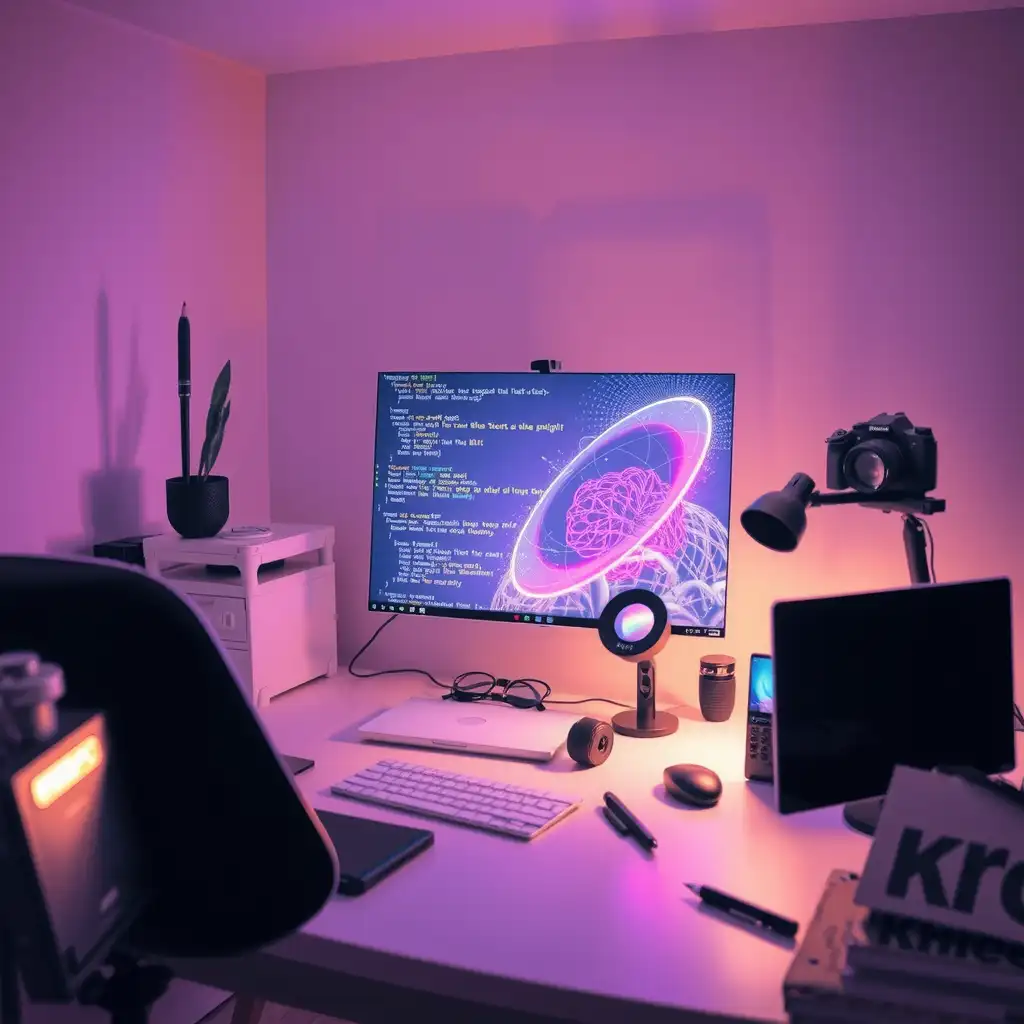 A modern workspace featuring ambient lighting, creative tools, and a futuristic interface displaying text snippets and AI-generated art, embodying the fusion of language and technology.