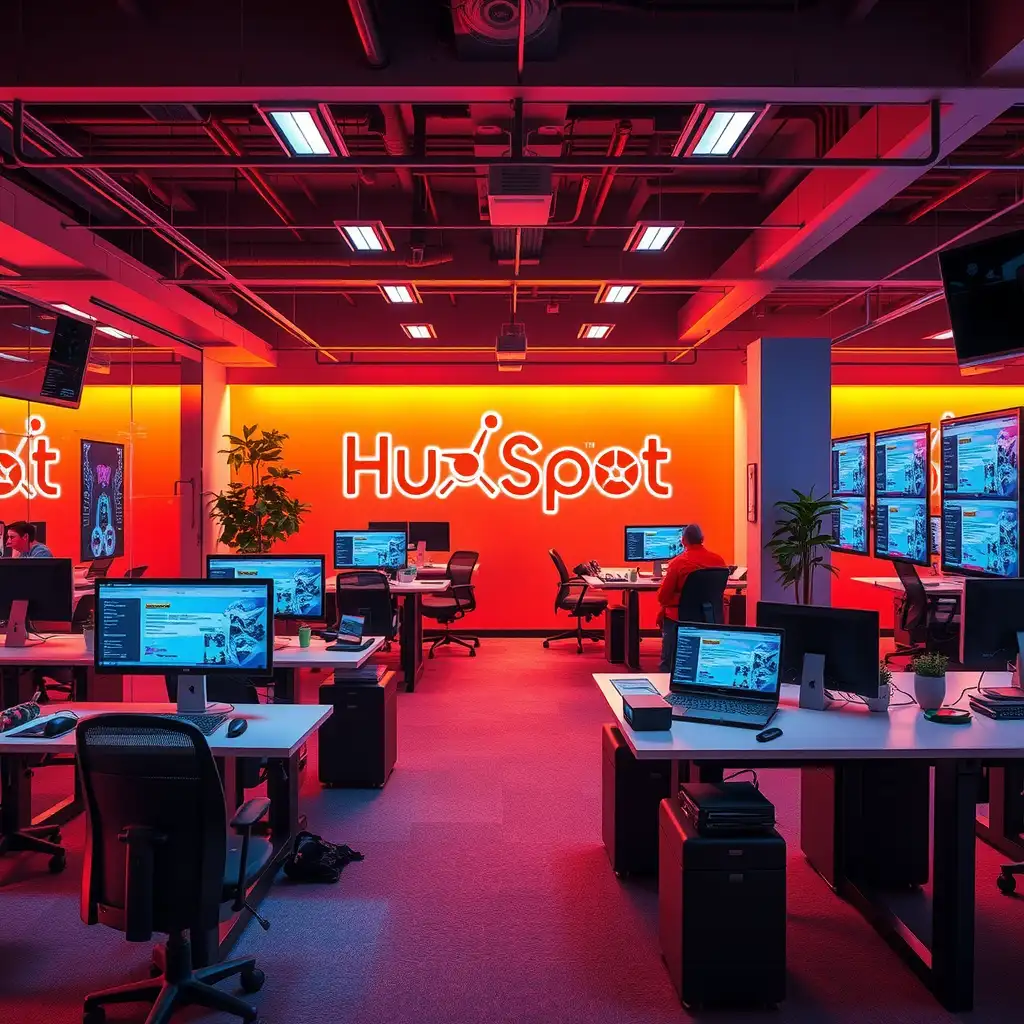 A vibrant modern workspace showcasing advanced technology, collaborative areas, and screens highlighting app functionalities, symbolizing innovation and digital transformation.