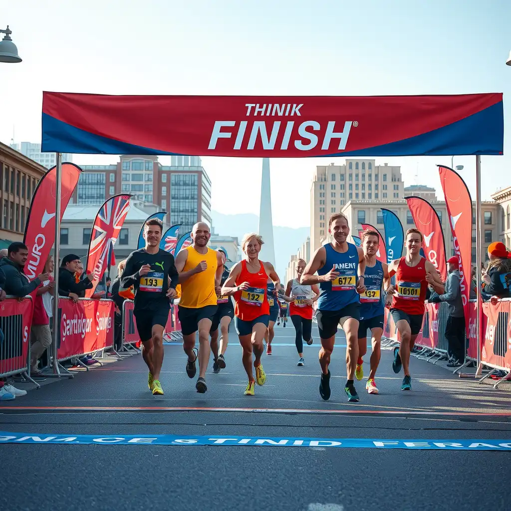 Runners of diverse backgrounds crossing the finish line at a half marathon, surrounded by cheering crowds and colorful banners, capturing the energy and determination of the event.