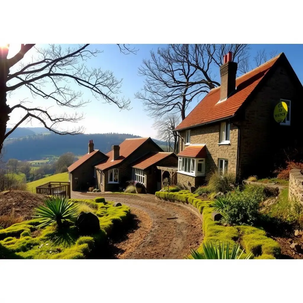 A vibrant spring landscape in Clent, UK, featuring rolling hills, blooming wildflowers, and a charming village atmosphere.