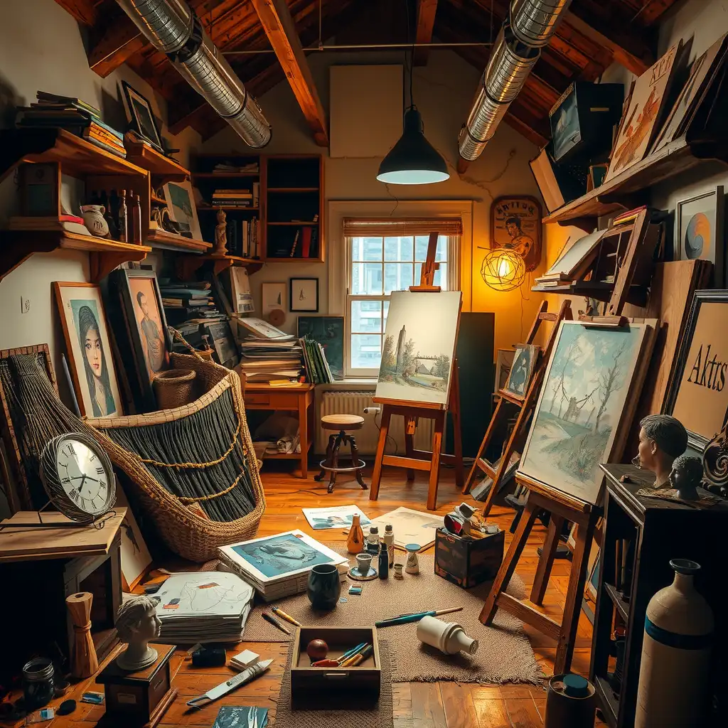 An inviting art studio filled with traditional tools and materials, featuring an easel with a half-finished painting, scattered sketches, and hints of unfinished sculptures, all illuminated by warm ambient lighting.