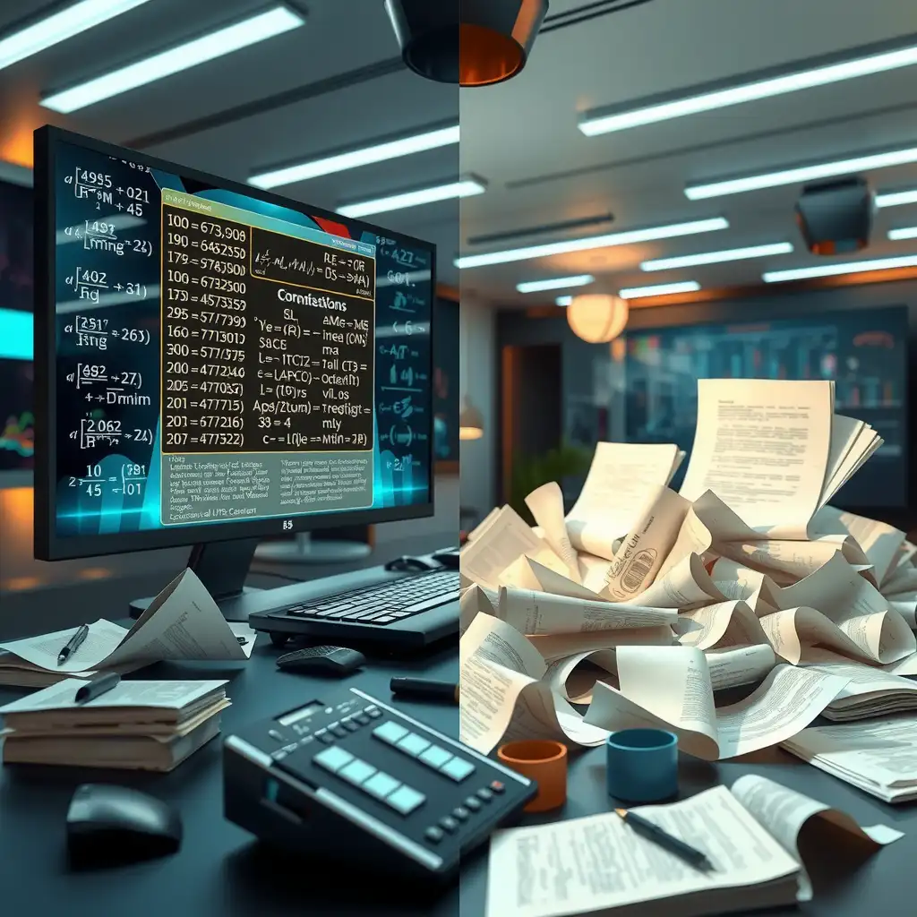 A high-tech workspace featuring one side filled with digital screens displaying complex mathematical equations, and the other side cluttered with crumpled papers and unfinished manuscripts, symbolizing the contrast between precision in math and the challenges of creative writing. Bright, focused lighting enhances the duality of order and chaos.