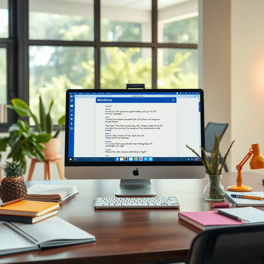 A vibrant modern workspace featuring a computer screen displaying the Wordtune interface, surrounded by notebooks, colorful stationery, and motivational quotes, embodying creativity and productivity in writing.