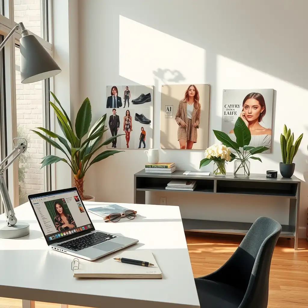 A modern workspace featuring a sleek desk with trendy stationery, an open laptop displaying AI writing tools, and mood boards filled with fashion inspiration, all illuminated by soft natural light from large windows.