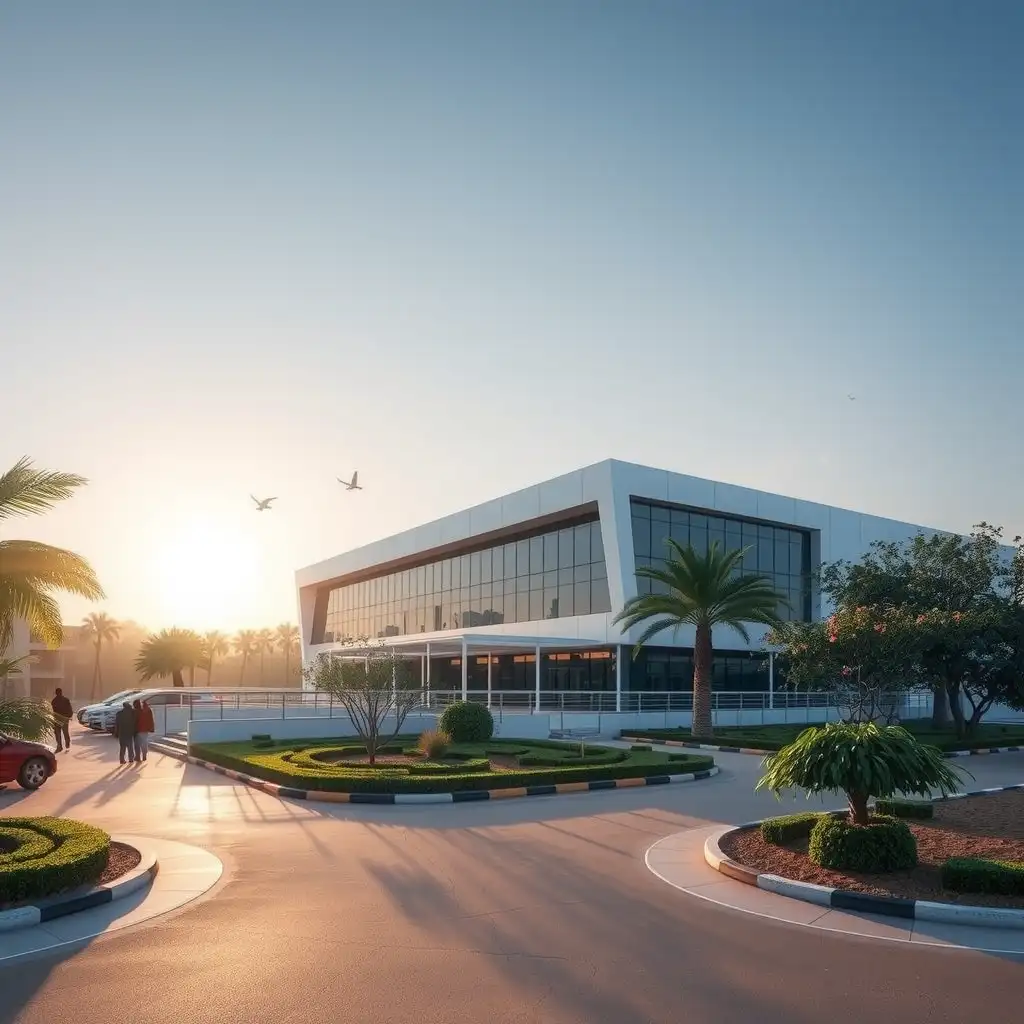 A modern AI center of excellence in Zambia, featuring innovative architecture set against a backdrop of lush landscapes, symbolizing progress and community engagement.